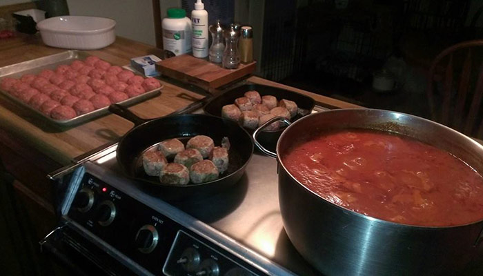 Homemade Spaghetti Sauce And Meatballs In Cast Iron Skillets